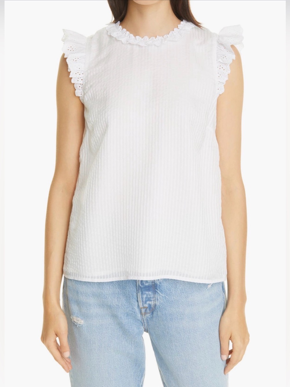 CAMI NYC Miranda White Eyelet Ruffle Sleeve Cotton Top